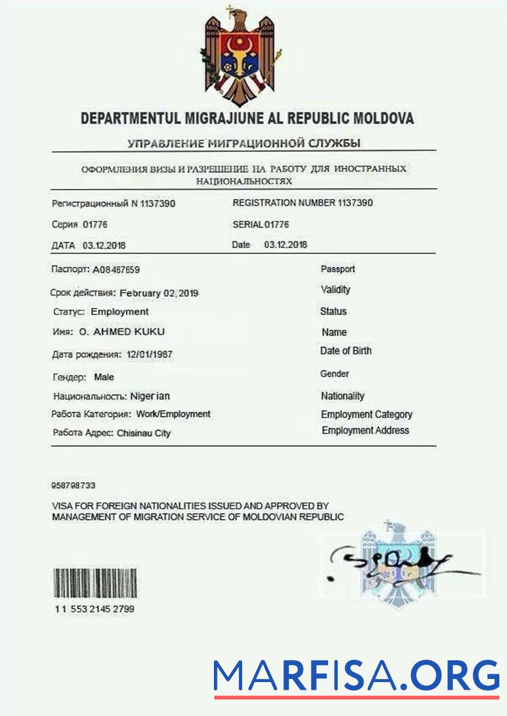 Realistic Moldova work permit template